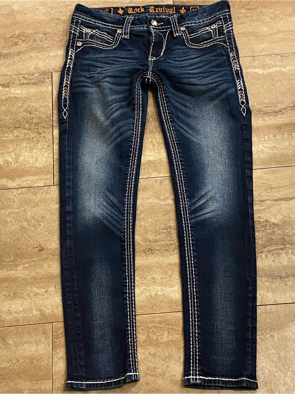 Rock Revival Women's Dark Blue Skinny Jeans with White Contrast Stitching